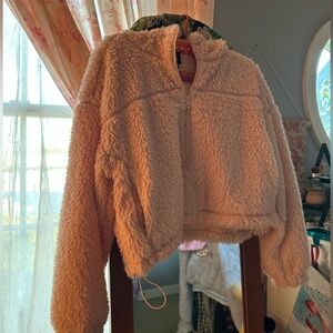 BDG Pink Cropped Fuzzy Teddy Jacket